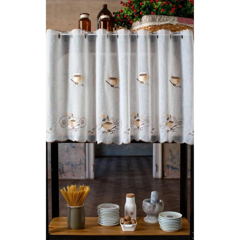 Perdea Dejun 135 x 60 cm, model abstract, cu bride