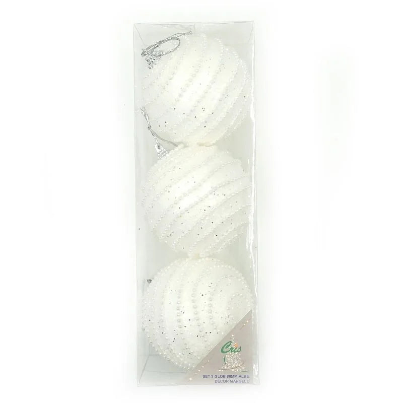 Globuri de Craciun, pentru brad, cu margele, plastic, Ø 8 cm, alb (set 3 buc)