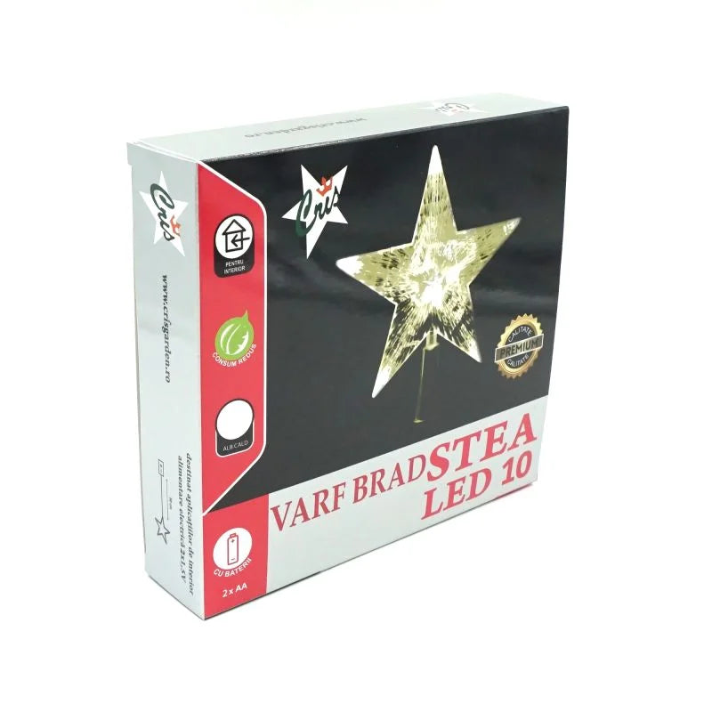 Varf de brad, model stea, cu 10 LED-uri, inaltime 15.5 cm, lumina alb cald