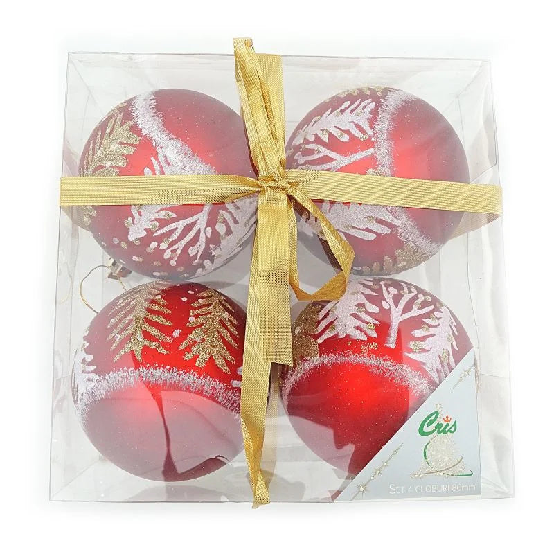 Globuri de Craciun, pentru brad, pictate, plastic, Ø 8 cm, rosu (set 4 buc)