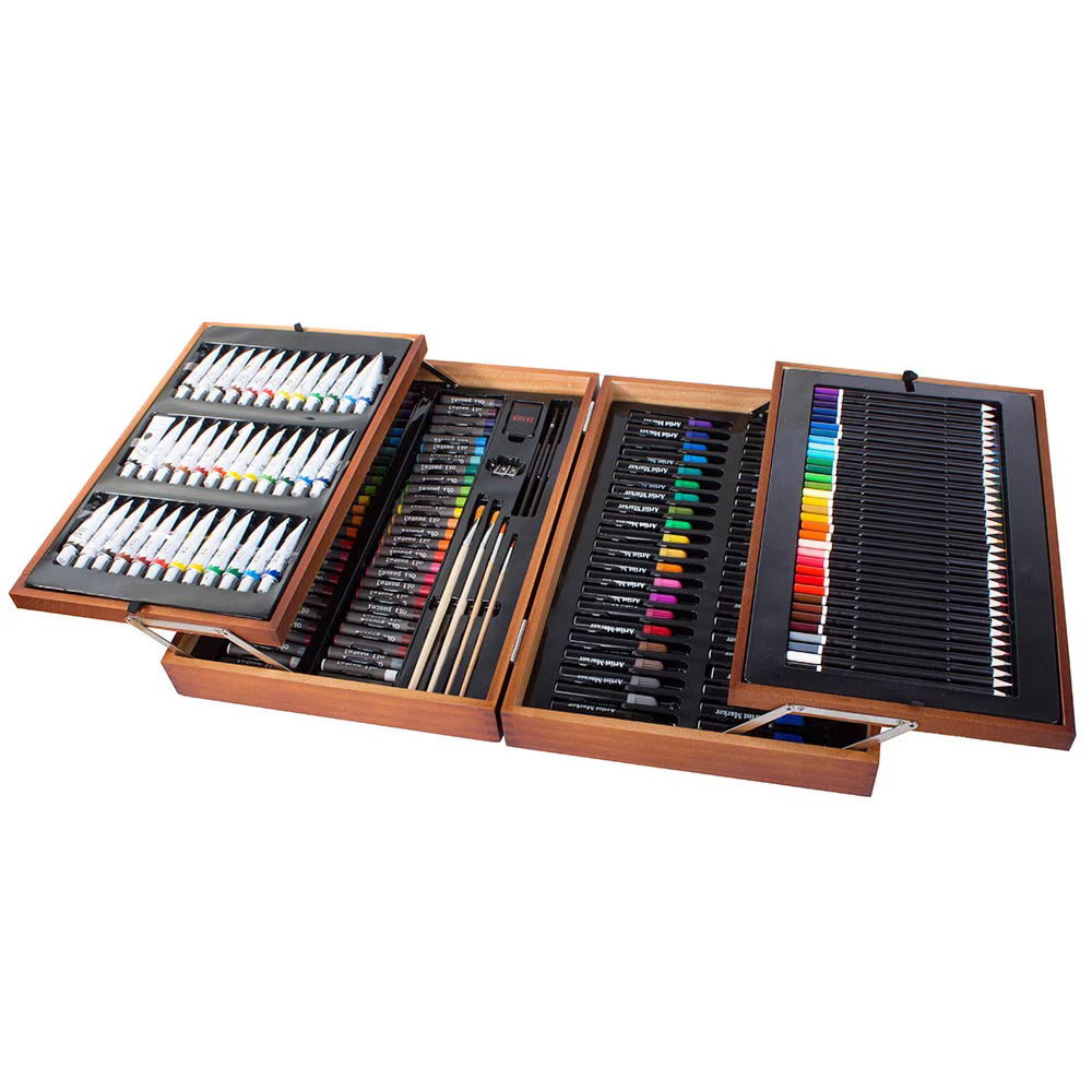Set de pictura si desen de 174 piese, in cutie practica de cadou din lemn