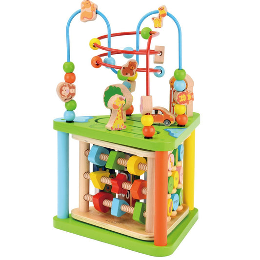 Centru cu activitati multiple Montessori, rotativ, Zoo life, 38x26x23 cm, din lemn