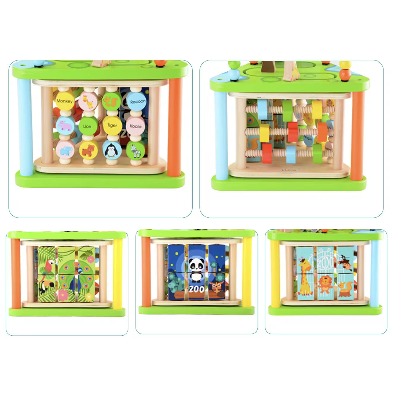 Centru cu activitati multiple Montessori, rotativ, Zoo life, 38x26x23 cm, din lemn