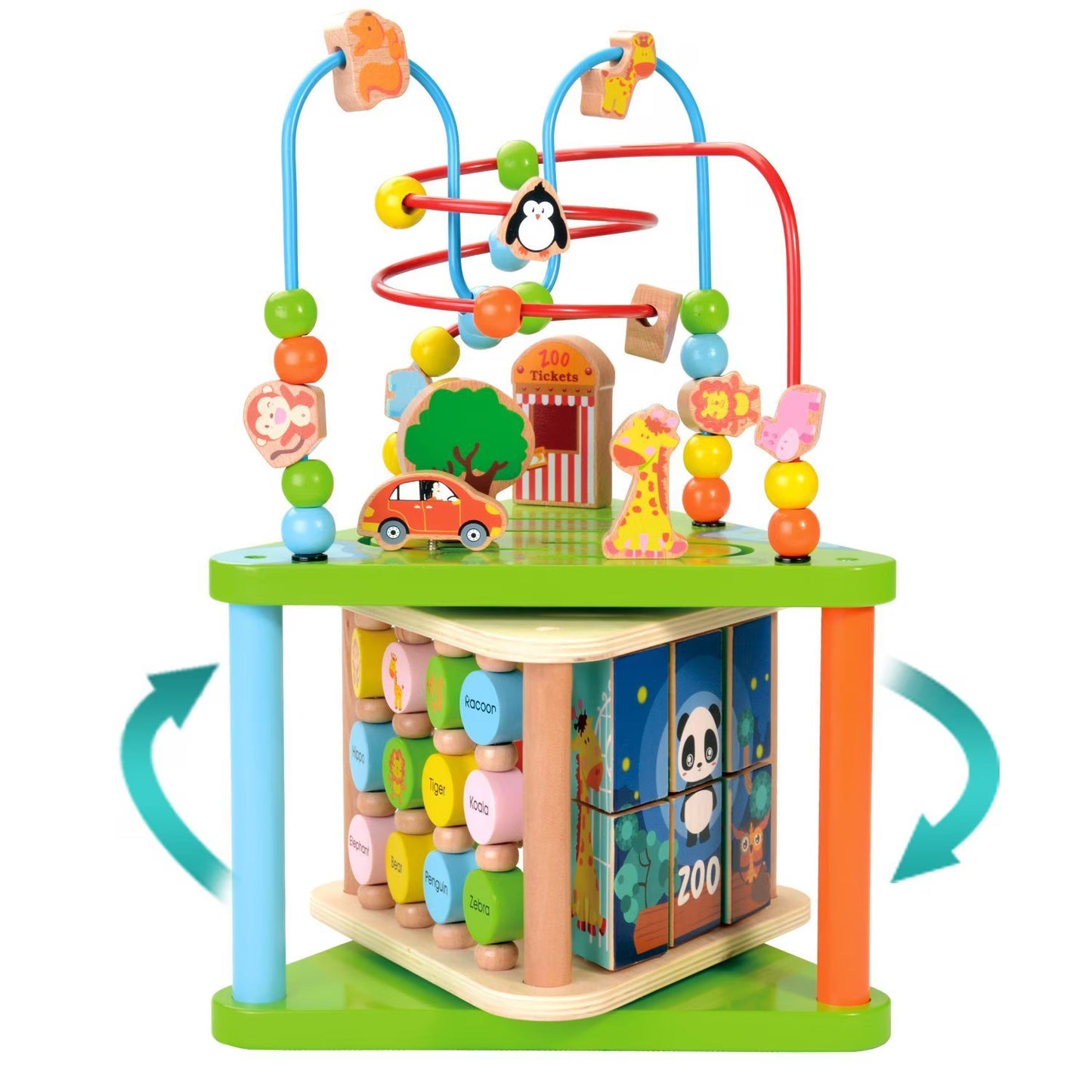 Centru cu activitati multiple Montessori, rotativ, Zoo life, 38x26x23 cm, din lemn