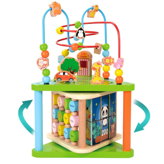 Centru cu activitati multiple Montessori, rotativ, Zoo life, 38x26x23 cm, din lemn