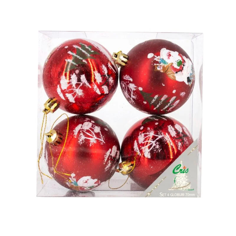 Globuri de Craciun, pentru brad, plastic, model Mos Craciun si brazi, Ø 7 cm, rosu (set 4 buc)