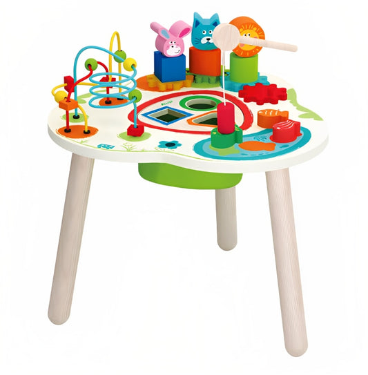 Masuta senzoriala pentru bebelusi, cu diverse actitivitati, din lemn, 46x43cm