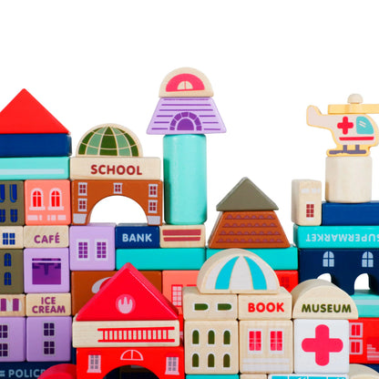 Set cuburi de construit din lemn pentru copii,blocuri de constructie a orasului,stimuleaza creativitatea si motricitatea,115 piese, multicolor