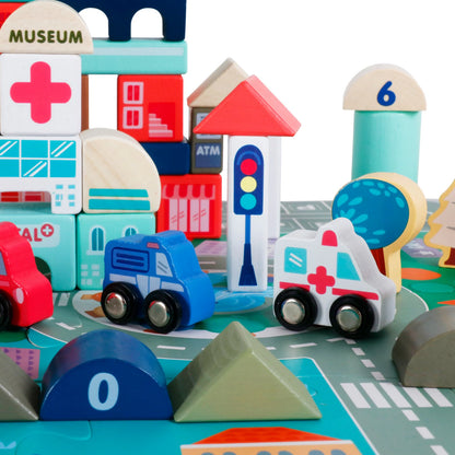Set cuburi de construit din lemn pentru copii,blocuri de constructie a orasului,stimuleaza creativitatea si motricitatea,115 piese, multicolor