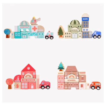 Set cuburi de construit din lemn pentru copii,blocuri de constructie a orasului,stimuleaza creativitatea si motricitatea,115 piese, multicolor