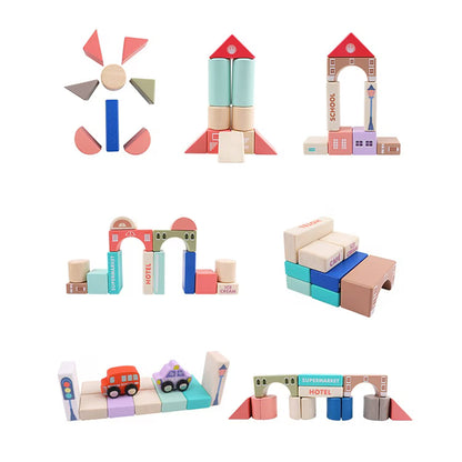 Set cuburi de construit din lemn pentru copii,blocuri de constructie a orasului,stimuleaza creativitatea si motricitatea,115 piese, multicolor