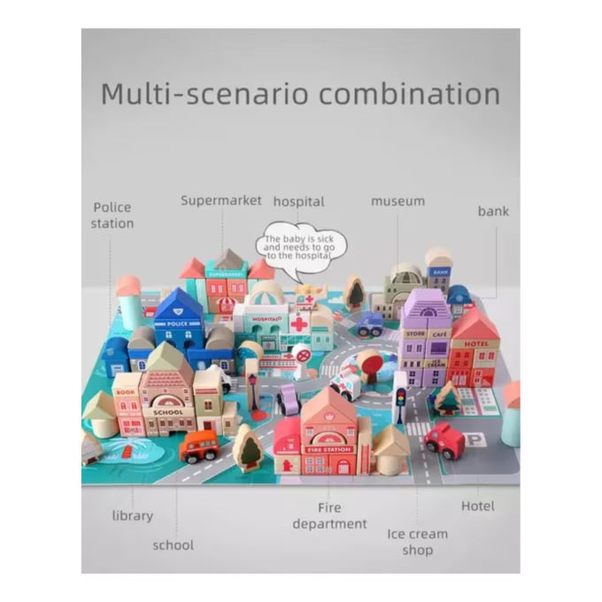 Set cuburi de construit din lemn pentru copii,blocuri de constructie a orasului,stimuleaza creativitatea si motricitatea,115 piese, multicolor