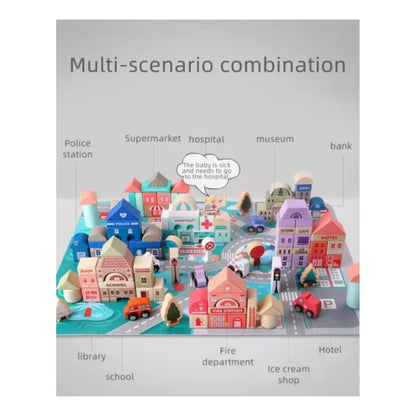 Set cuburi de construit din lemn pentru copii,blocuri de constructie a orasului,stimuleaza creativitatea si motricitatea,115 piese, multicolor