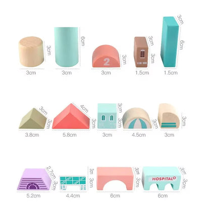 Set cuburi de construit din lemn pentru copii,blocuri de constructie a orasului,stimuleaza creativitatea si motricitatea,115 piese, multicolor