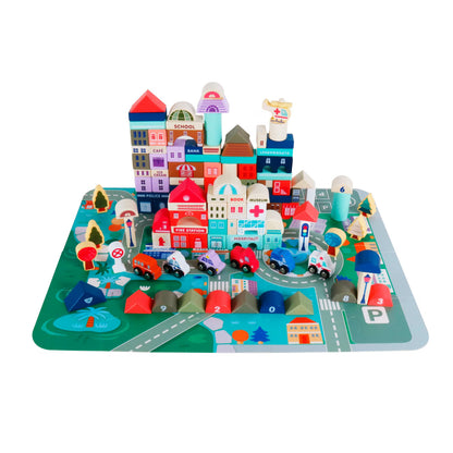 Set cuburi de construit din lemn pentru copii,blocuri de constructie a orasului,stimuleaza creativitatea si motricitatea,115 piese, multicolor