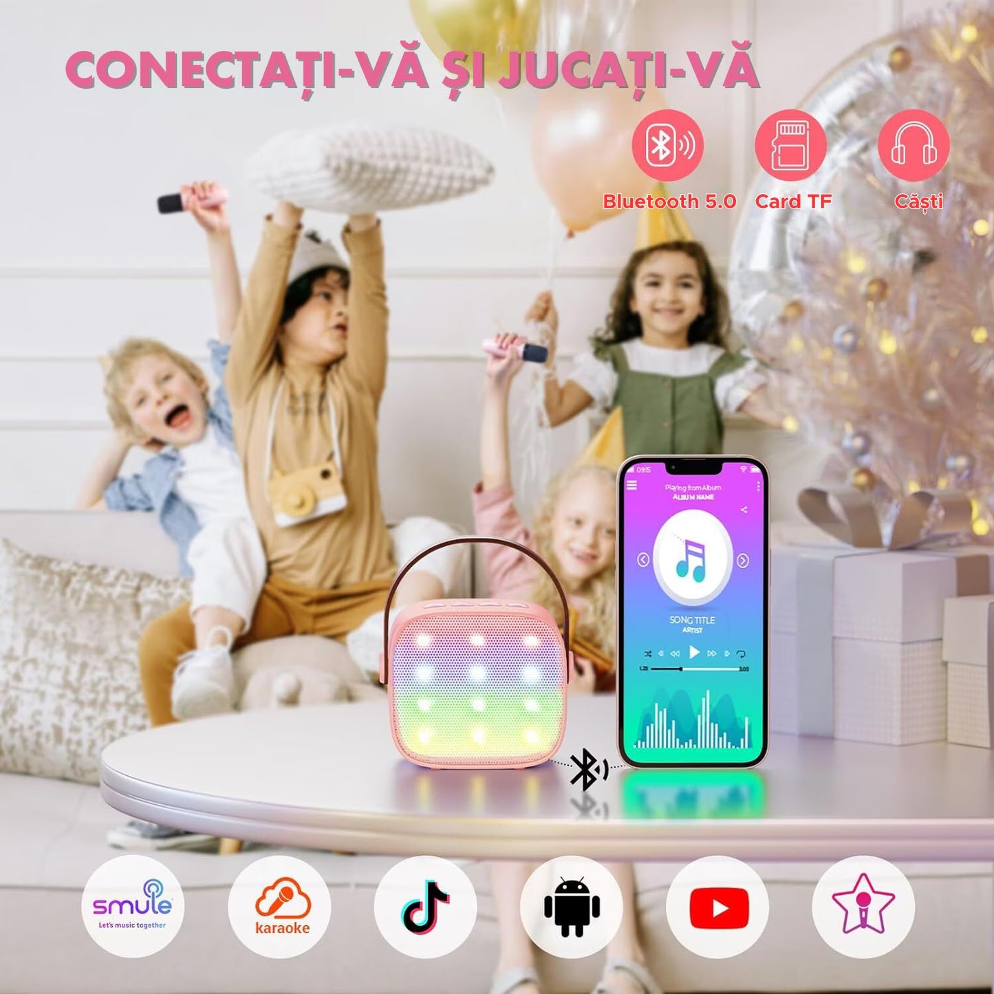 Set jucarie cu boxa portabila si 2 microfoane, Wireless, Bluetooth, Simply Joy, Karaoke, Copii si Adulti, Lumini LED RGB Dinamice, Roz