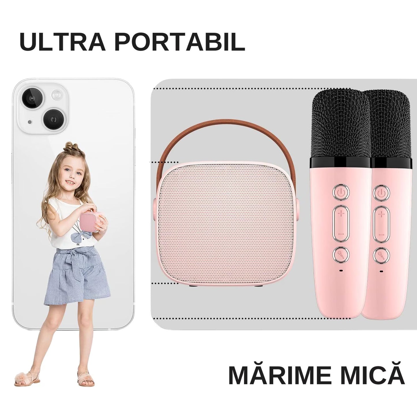 Set jucarie cu boxa portabila si 2 microfoane, Wireless, Bluetooth, Simply Joy, Karaoke, Copii si Adulti, Lumini LED RGB Dinamice, Roz