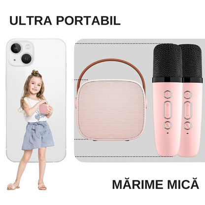 Set jucarie cu boxa portabila si 2 microfoane, Wireless, Bluetooth, Simply Joy, Karaoke, Copii si Adulti, Lumini LED RGB Dinamice, Roz