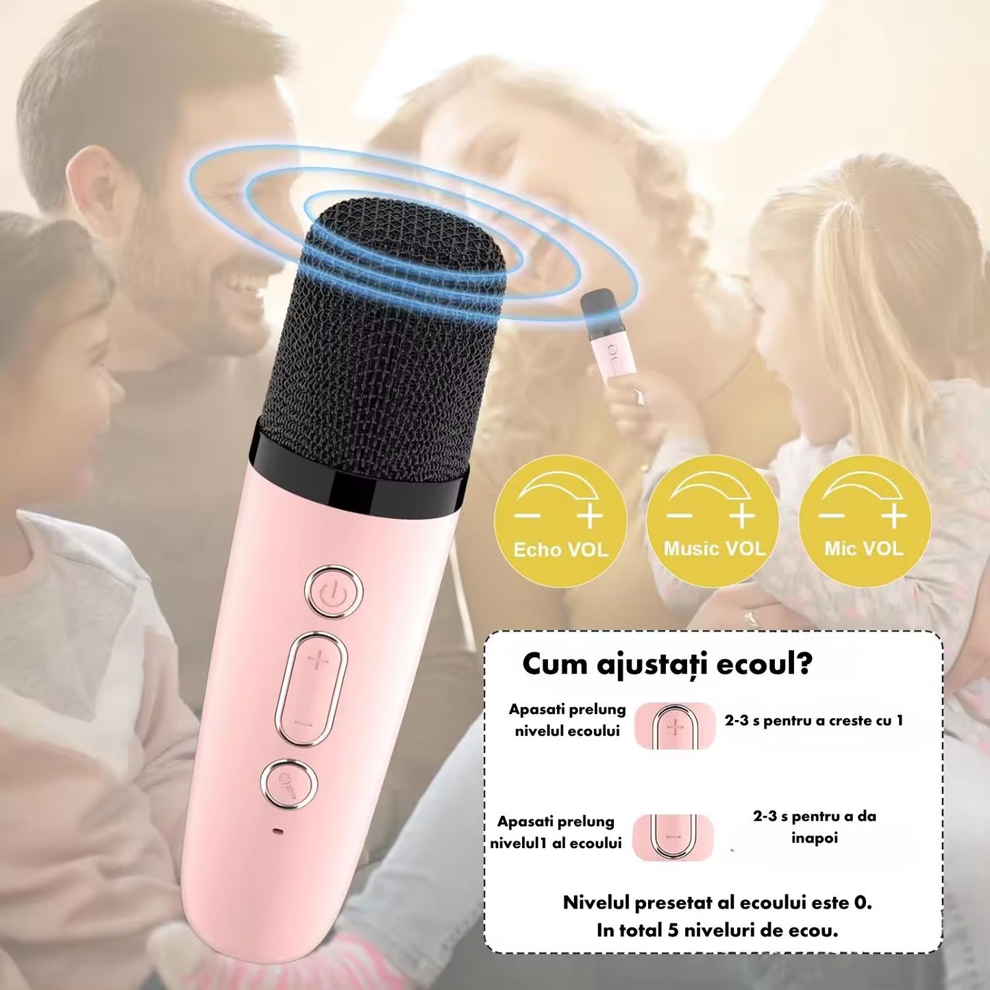 Set jucarie cu boxa portabila si 2 microfoane, Wireless, Bluetooth, Simply Joy, Karaoke, Copii si Adulti, Lumini LED RGB Dinamice, Roz