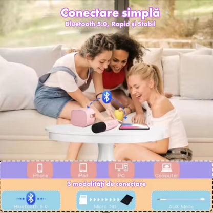 Set jucarie cu boxa portabila si 2 microfoane, Wireless, Bluetooth, Simply Joy, Karaoke, Copii si Adulti, Lumini LED RGB Dinamice, Roz