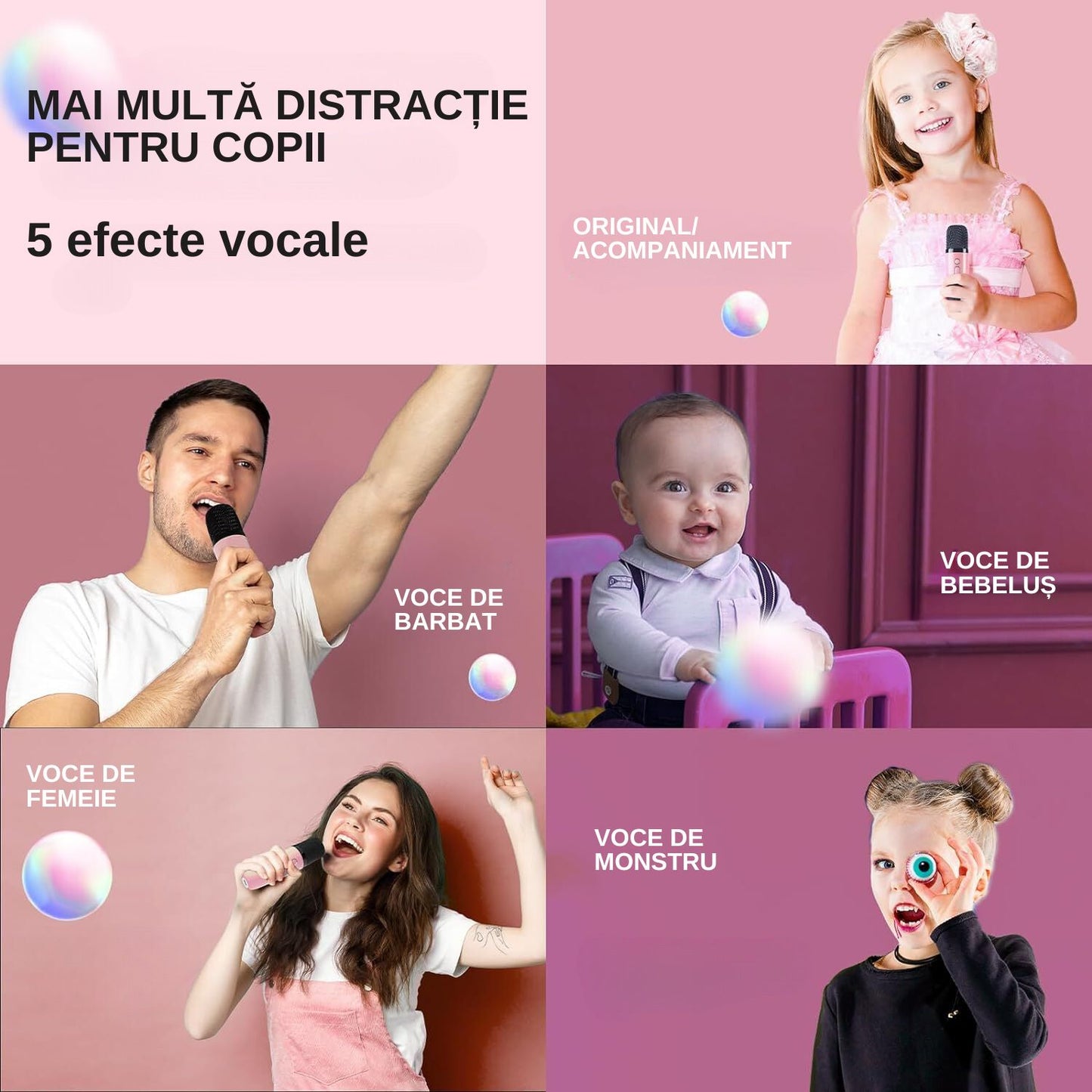 Set jucarie cu boxa portabila si 2 microfoane, Wireless, Bluetooth, Simply Joy, Karaoke, Copii si Adulti, Lumini LED RGB Dinamice, Roz