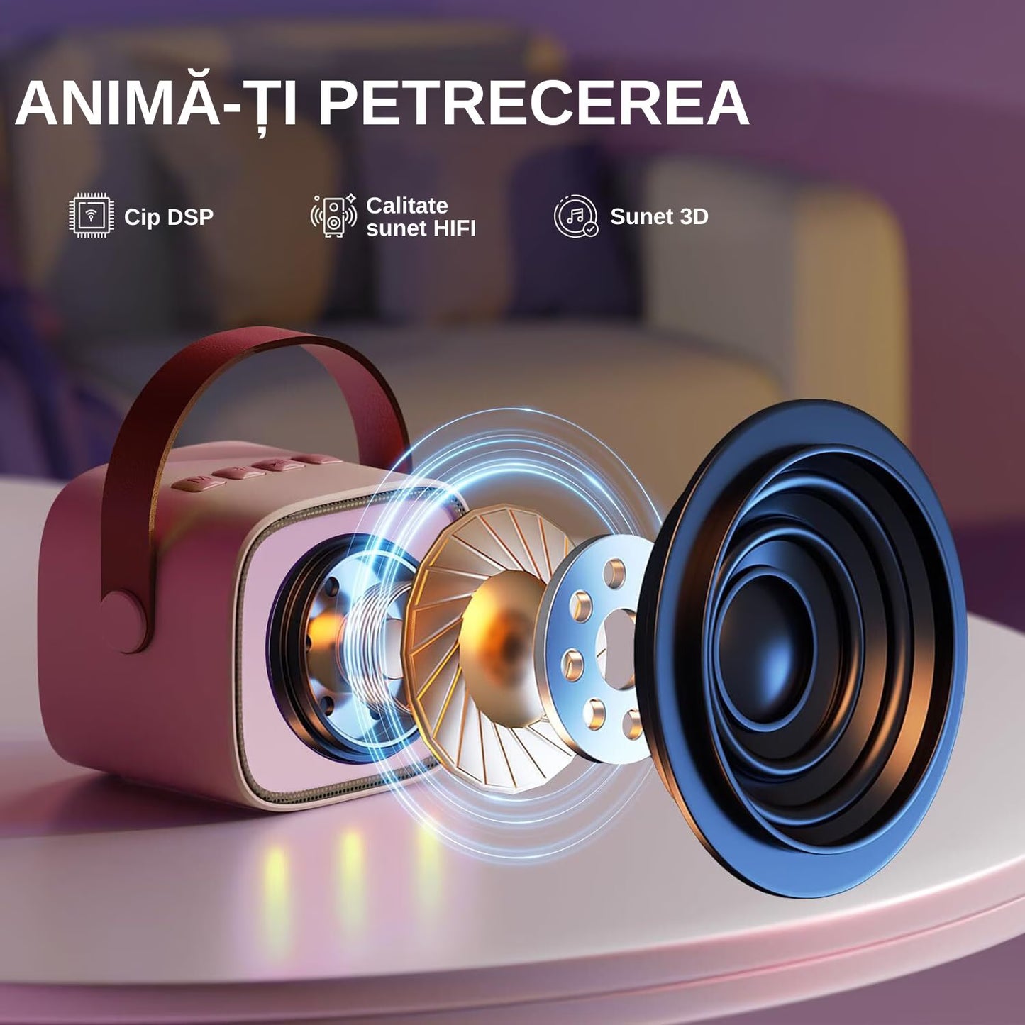Set jucarie cu boxa portabila si 2 microfoane, Wireless, Bluetooth, Simply Joy, Karaoke, Copii si Adulti, Lumini LED RGB Dinamice, Roz