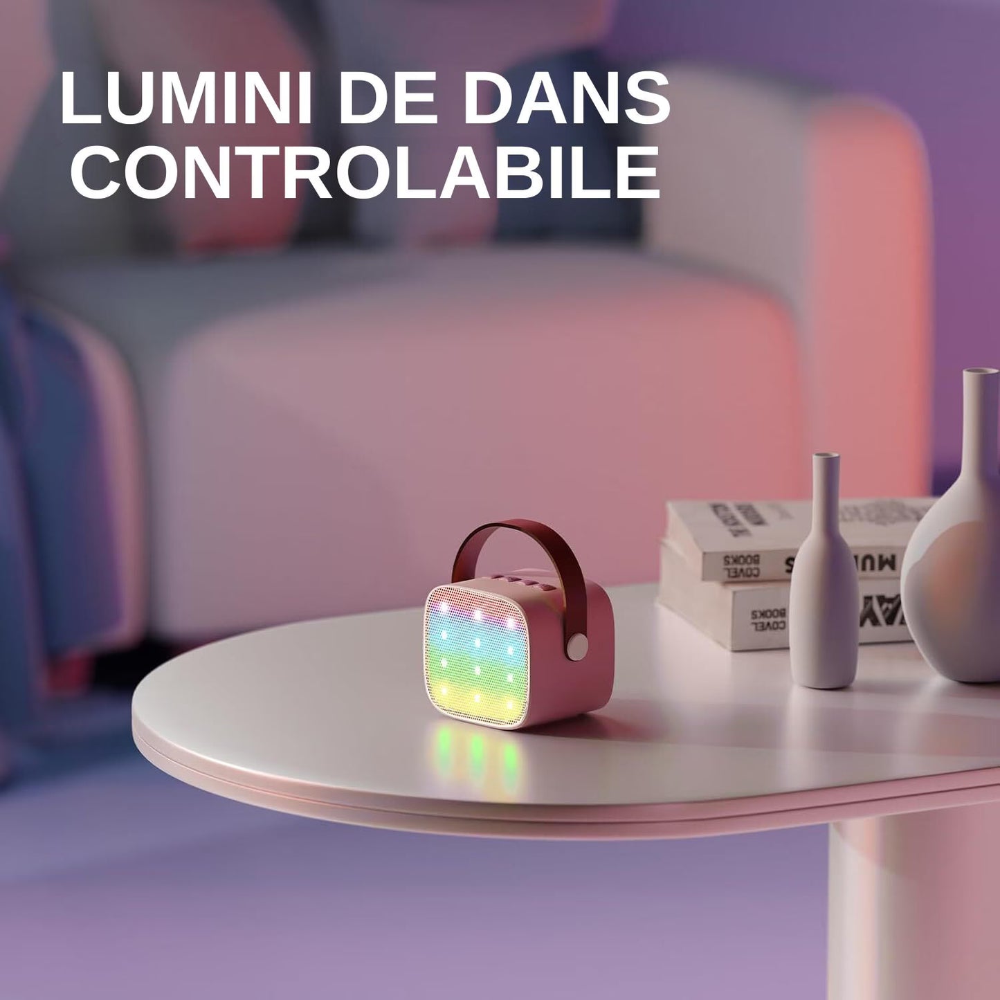 Set jucarie cu boxa portabila si 2 microfoane, Wireless, Bluetooth, Simply Joy, Karaoke, Copii si Adulti, Lumini LED RGB Dinamice, Roz