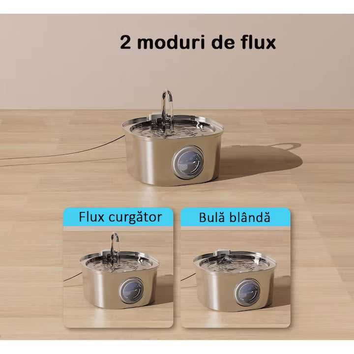 Dispenser apa automat tip fantana pentru pisici si caini NextWave, cu fereastra nivel apa, filtrare cu carbune activ, inox, ultra-silentios, USB, 3.2L.
