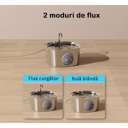 Dispenser apa automat tip fantana pentru pisici si caini NextWave, cu fereastra nivel apa, filtrare cu carbune activ, inox, ultra-silentios, USB, 3.2L.
