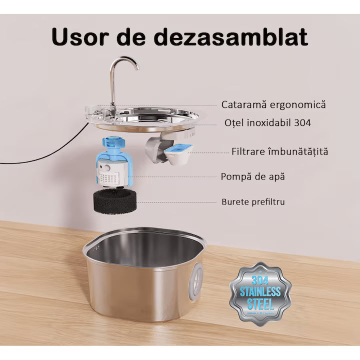 Dispenser apa automat tip fantana pentru pisici si caini NextWave, cu fereastra nivel apa, filtrare cu carbune activ, inox, ultra-silentios, USB, 3.2L.