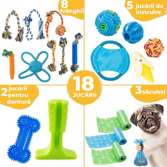 Jucarii interactive pentru caini Fish & Paws, ideale pentru sanatatea dentara, interesante si sigure adresate animalelor de companie, Set de 18 jucarii