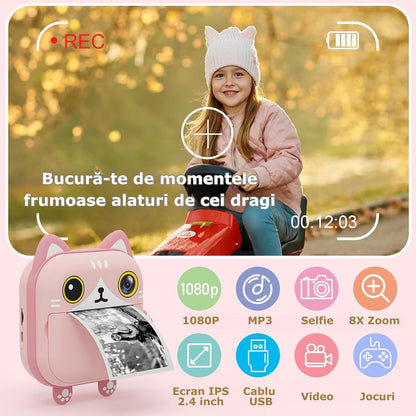 Camera foto instant pentru Copii Simply Joy, Foto, Video, Printare, HD 1080p, ecran 2.1 inch, Baterie Reincarcabila, Card Memorie 32GB, Cablu USB, Printare fara Cerneala, 3 Role incluse