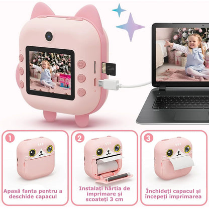Camera foto instant pentru Copii Simply Joy, Foto, Video, Printare, HD 1080p, ecran 2.1 inch, Baterie Reincarcabila, Card Memorie 32GB, Cablu USB, Printare fara Cerneala, 3 Role incluse