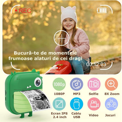 Camera foto instant pentru Copii Simply Joy, Functii Foto, Video, Printare, HD 1080p, ecran 2.1 inch, Baterie Reincarcabila, Card Memorie 32GB, Cablu USB,Printare fara Cerneala, 3 Role Hartie incluse