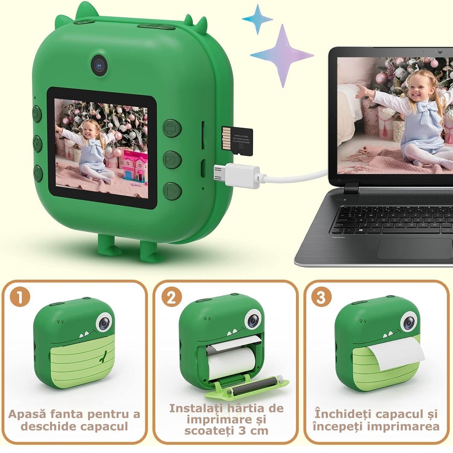 Camera foto instant pentru Copii Simply Joy, Functii Foto, Video, Printare, HD 1080p, ecran 2.1 inch, Baterie Reincarcabila, Card Memorie 32GB, Cablu USB,Printare fara Cerneala, 3 Role Hartie incluse