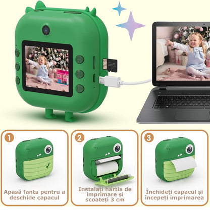 Camera foto instant pentru Copii Simply Joy, Functii Foto, Video, Printare, HD 1080p, ecran 2.1 inch, Baterie Reincarcabila, Card Memorie 32GB, Cablu USB,Printare fara Cerneala, 3 Role Hartie incluse