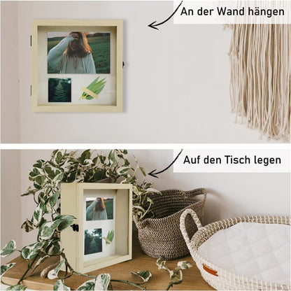 Rama foto cu caseta pentru suveniruri Muzilife, lemn/sticla, bej, 25 x 25 cm