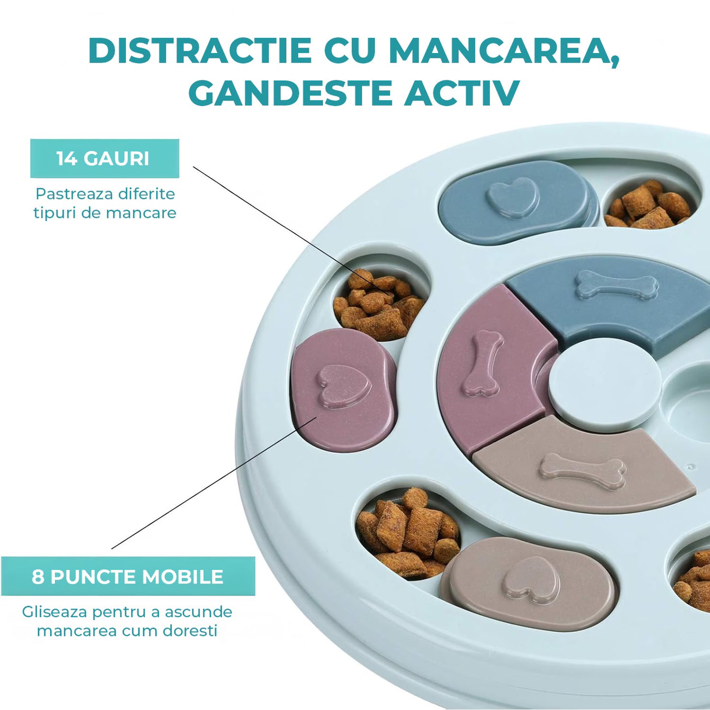 Jucarie Puzzle Elindor Interactiva pentru Animale de Companie, Bol de Mancare, Compartimente Glisante, Albastru