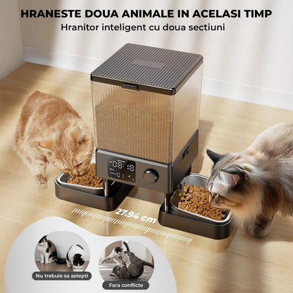 Dispenser Hranitor Automat Elindor Dual, 5L, Boluri din Inox, Alimentare Dubla, Negru