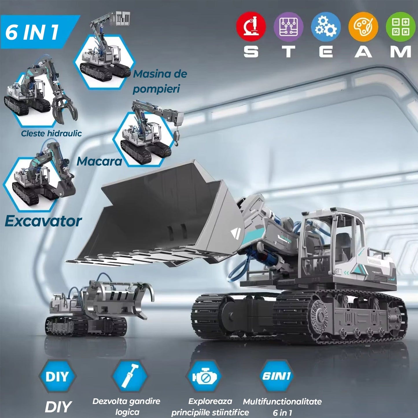 Set Educativ 6 in 1 de Constructie Hidraulica pentru Copii 812 Ani Excavatoare, Macara si Incarcator Lemne, Joc Interactiv STEM