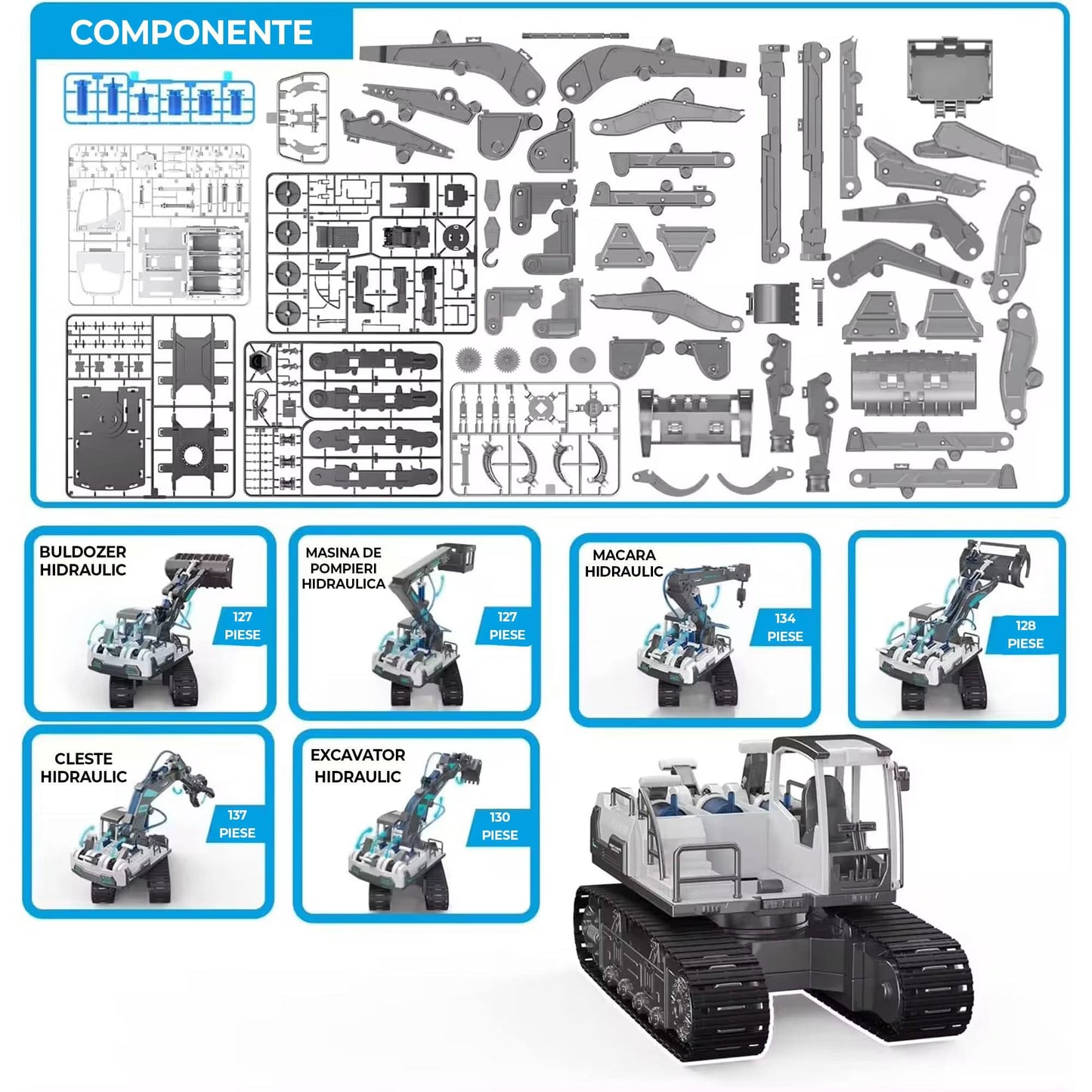 Set Educativ 6 in 1 de Constructie Hidraulica pentru Copii 812 Ani Excavatoare, Macara si Incarcator Lemne, Joc Interactiv STEM