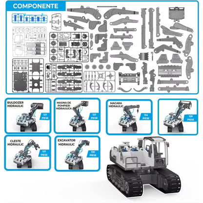 Set Educativ 6 in 1 de Constructie Hidraulica pentru Copii 812 Ani Excavatoare, Macara si Incarcator Lemne, Joc Interactiv STEM