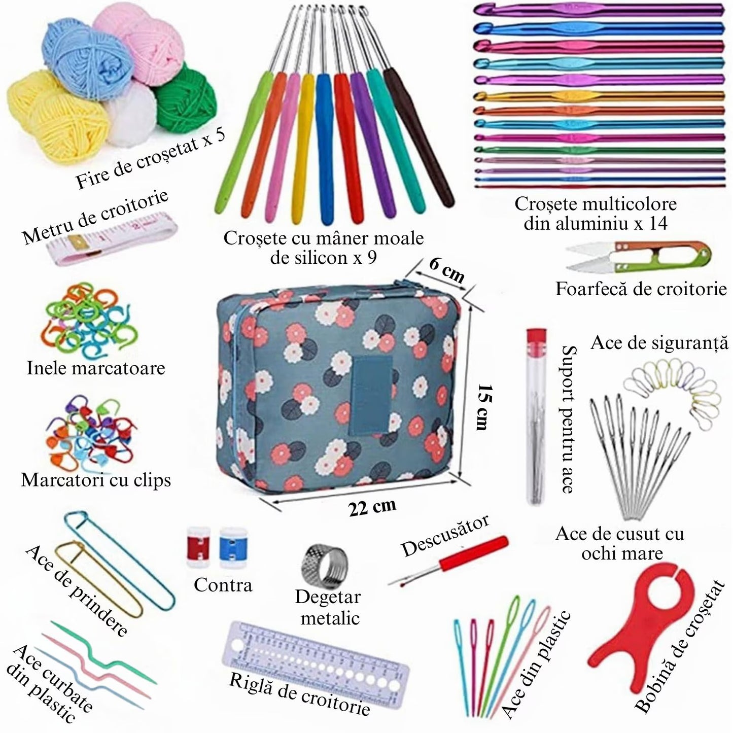 Set de crosetat Simply Joy, 107 piese, kit de tricotat cu fire de crosetat, crosete, instrumente de crosetat, Crosetat si bricolaj pentru incepatori si avansati, Geanta depozitare