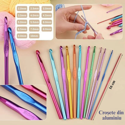 Set de crosetat Simply Joy, 107 piese, kit de tricotat cu fire de crosetat, crosete, instrumente de crosetat, Crosetat si bricolaj pentru incepatori si avansati, Geanta depozitare