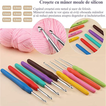 Set de crosetat Simply Joy, 107 piese, kit de tricotat cu fire de crosetat, crosete, instrumente de crosetat, Crosetat si bricolaj pentru incepatori si avansati, Geanta depozitare