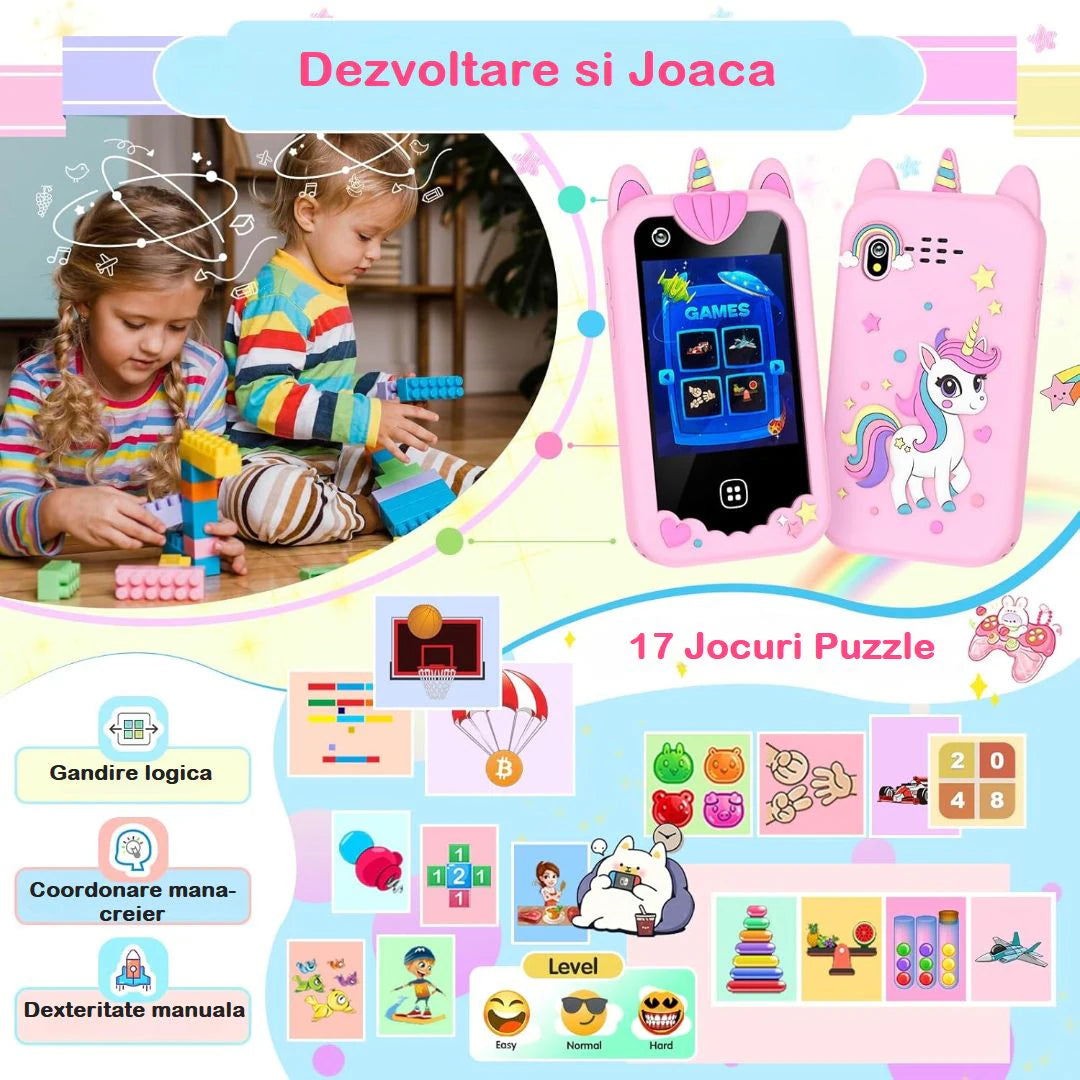 Telefon Mobil si Jucarie Educativa NO Internet/Apeluri MiniPHONE PRO Doua Camere, 17 Jocuri Puzzle, Functii Practice de Invatare, Lectii Alfabet, Alarma, Calculator, Lanterna, Pink