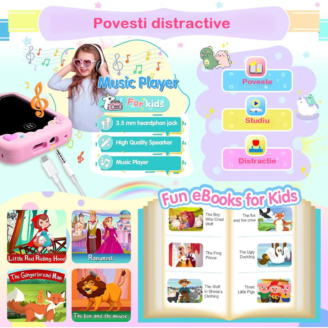 Telefon Mobil si Jucarie Educativa NO Internet/Apeluri MiniPHONE PRO Doua Camere, 17 Jocuri Puzzle, Functii Practice de Invatare, Lectii Alfabet, Alarma, Calculator, Lanterna, Pink