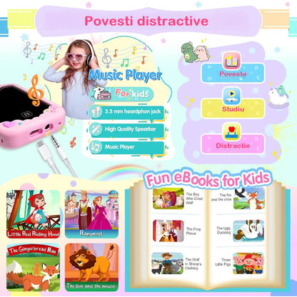 Telefon Mobil si Jucarie Educativa NO Internet/Apeluri MiniPHONE PRO Doua Camere, 17 Jocuri Puzzle, Functii Practice de Invatare, Lectii Alfabet, Alarma, Calculator, Lanterna, Pink