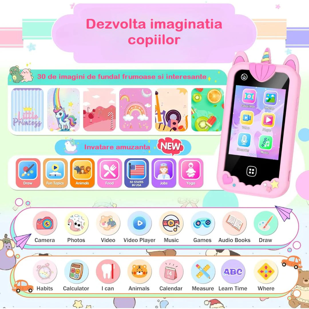 Telefon Mobil si Jucarie Educativa NO Internet/Apeluri MiniPHONE PRO Doua Camere, 17 Jocuri Puzzle, Functii Practice de Invatare, Lectii Alfabet, Alarma, Calculator, Lanterna, Pink