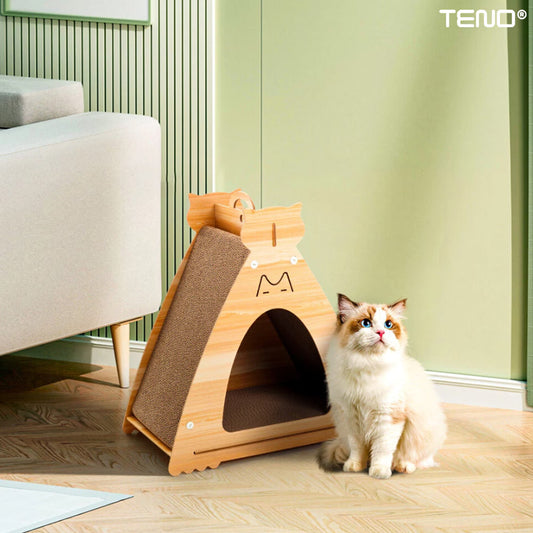 Ansamblu de Joaca pentru Pisici Tip Casuta Teno, ferestre de aerisire, maner, maro deschis